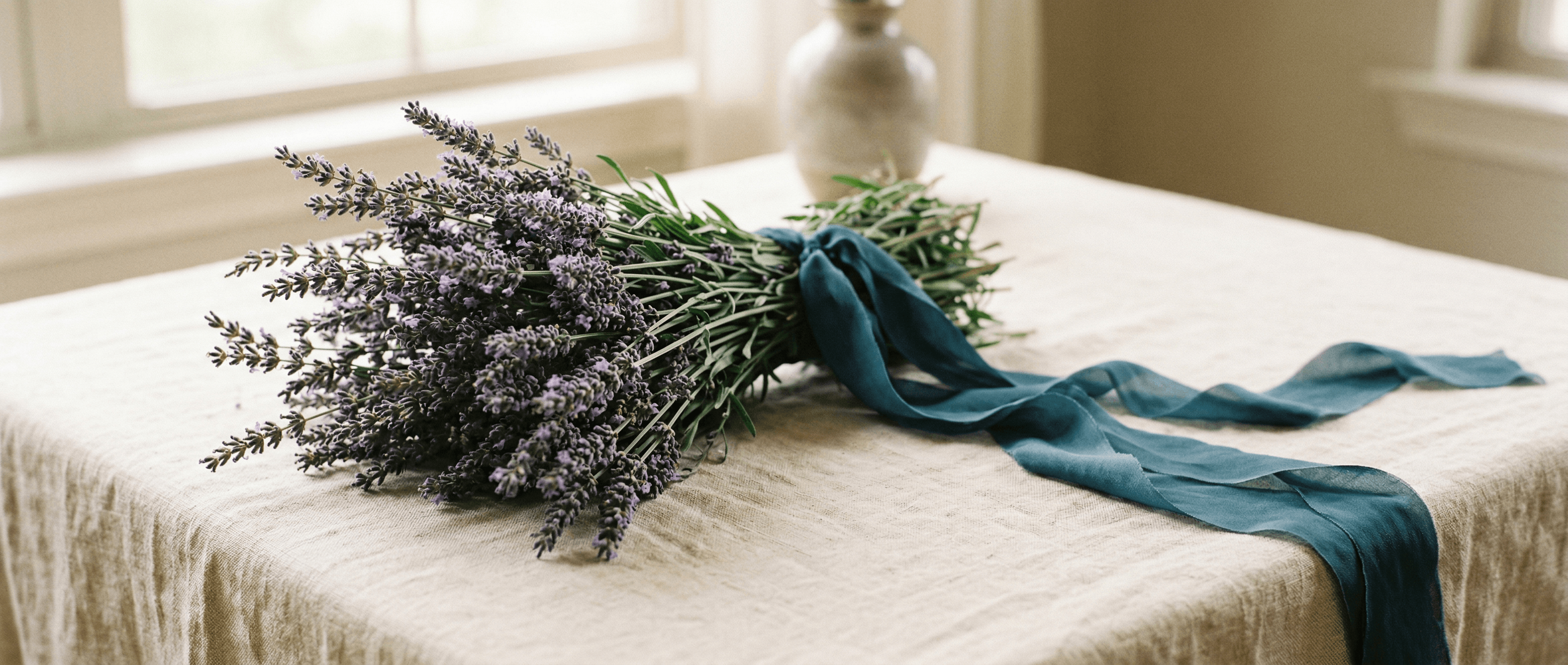 Lavender bouquet tied with teal silk ribbon on cream linen, morning light